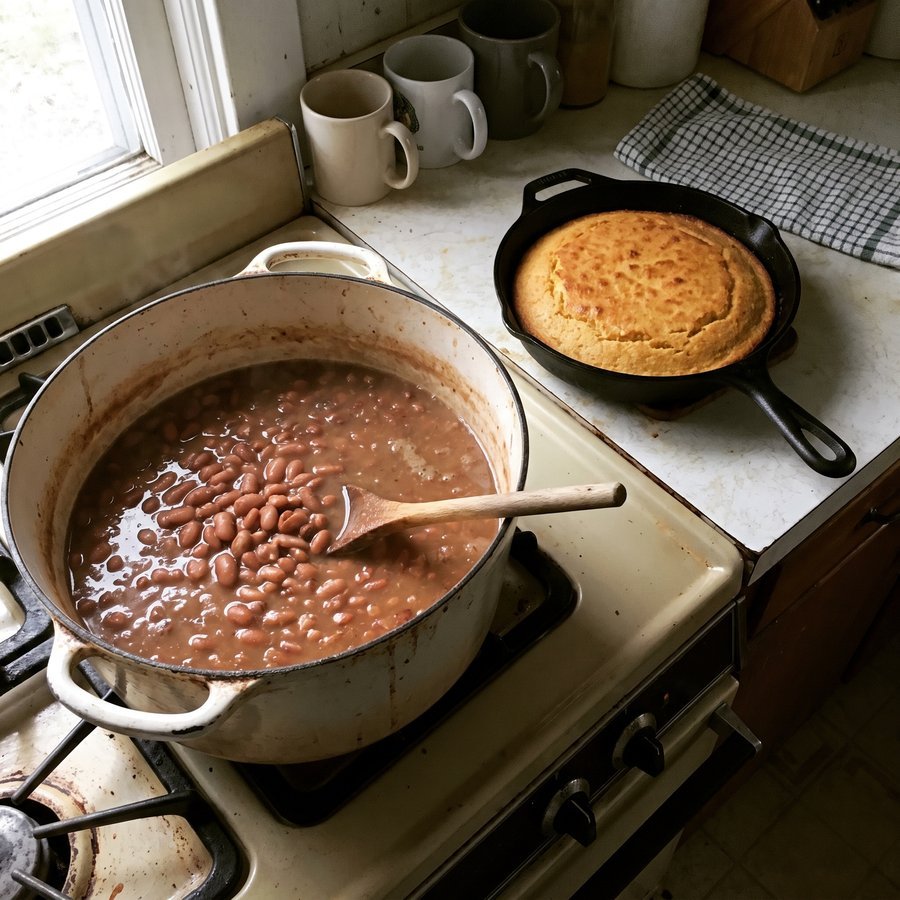 A big pot of pinto beans on an old stove with a skillet of cornbread
